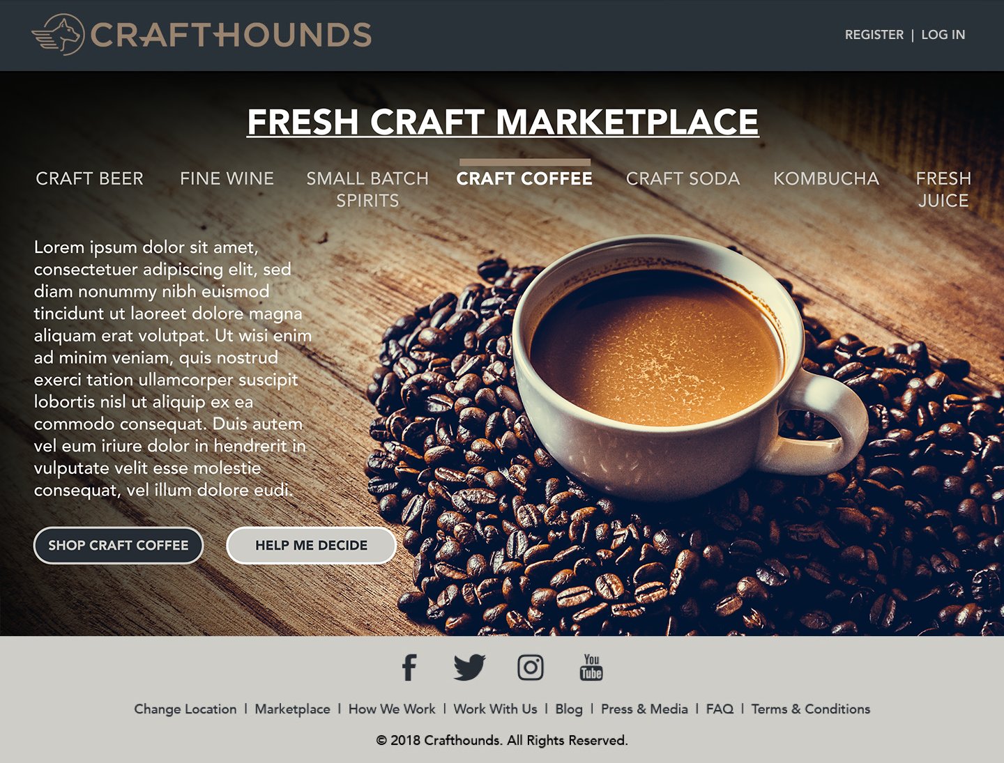 An early wireframe for the CraftHounds "Help Me Decide" decision engine interface for craft coffee. External link to Adobe XD click-through.